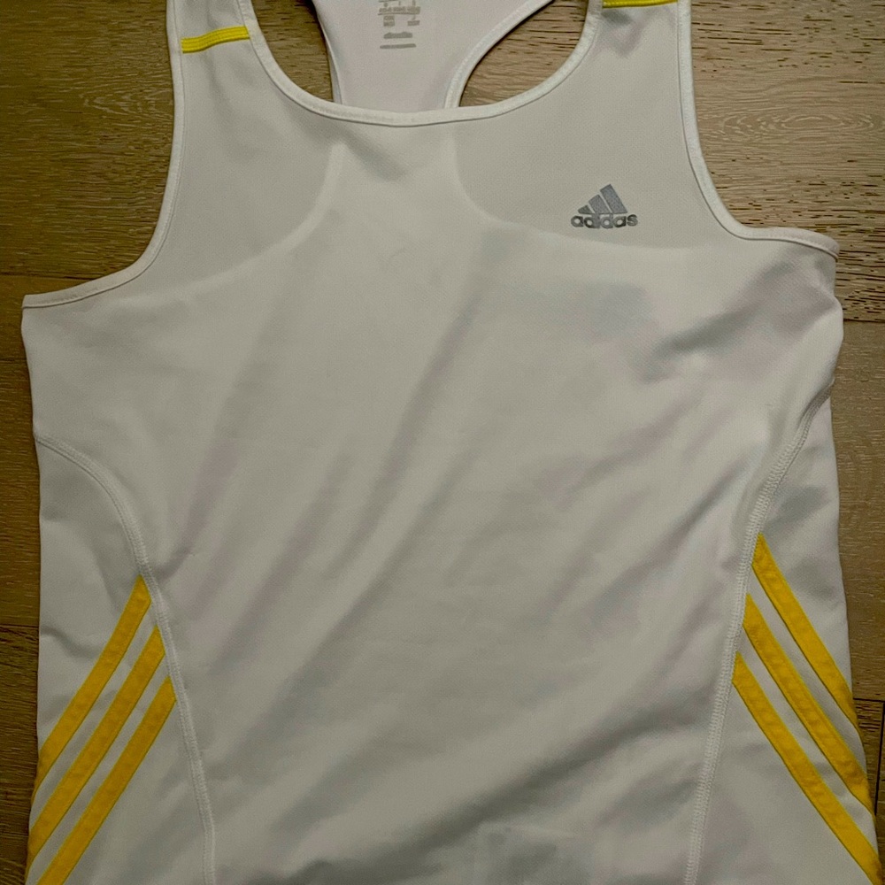 Adidas white medium tank climalite yellow stripes